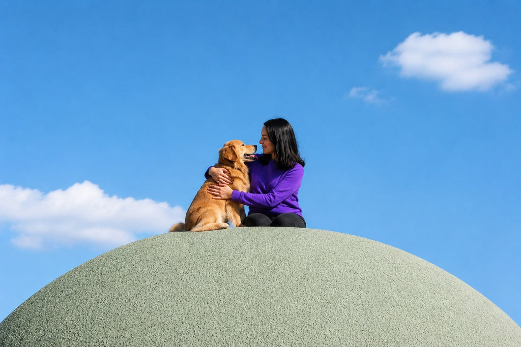 A guardian smiling at her golden retriever under a bright sky