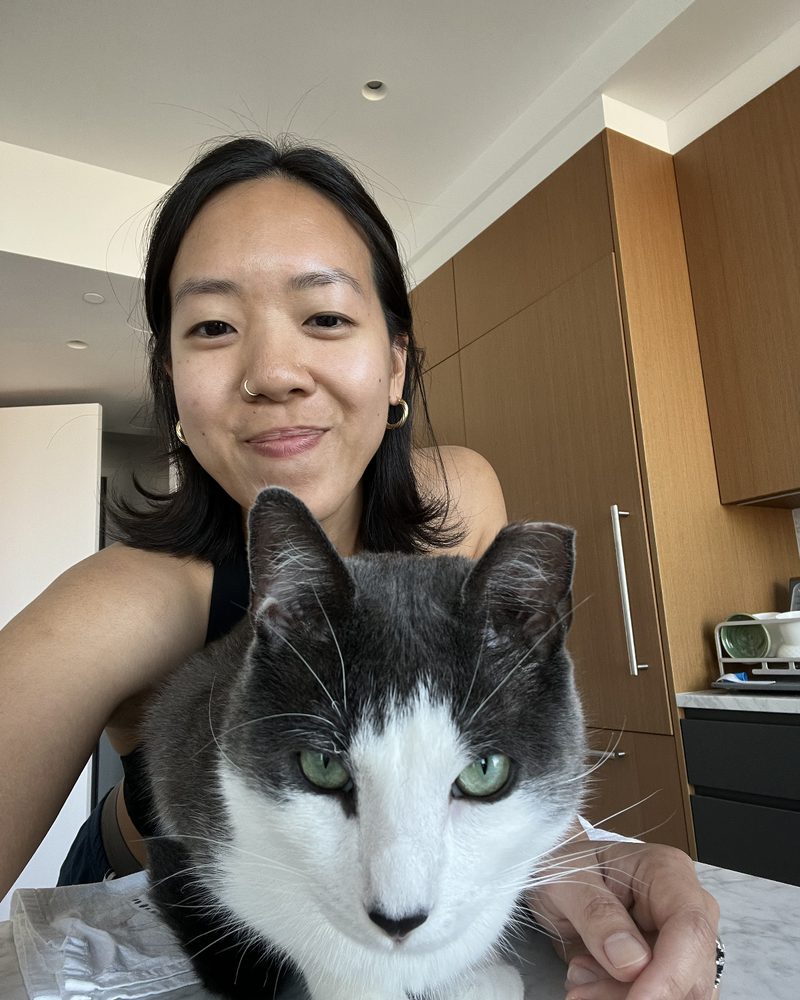 Jen holding James, her gray and white cat, in the kitchen