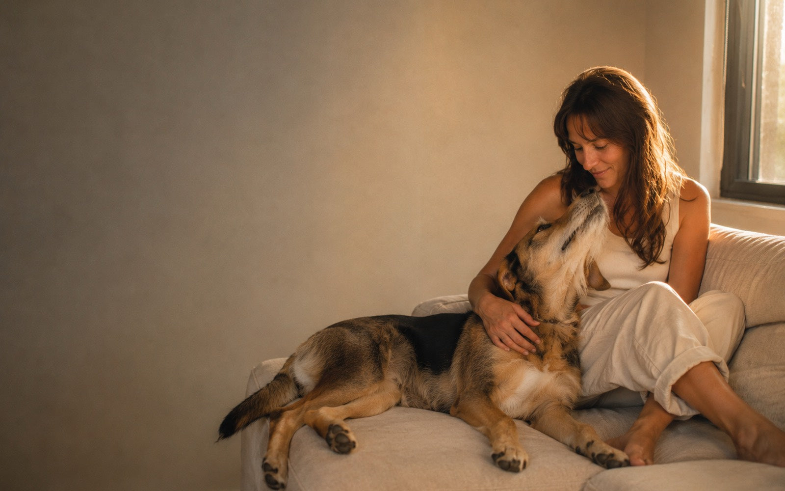 Bruna sitting on the sofa in warm afternoon light, her dog resting against her and looking up at her