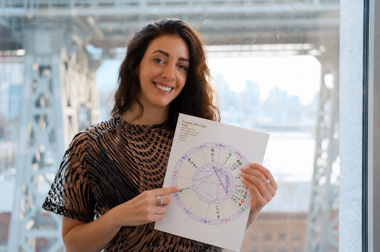 Bruna smiling as she holds a Cosmic Pet Club natal chart by the window